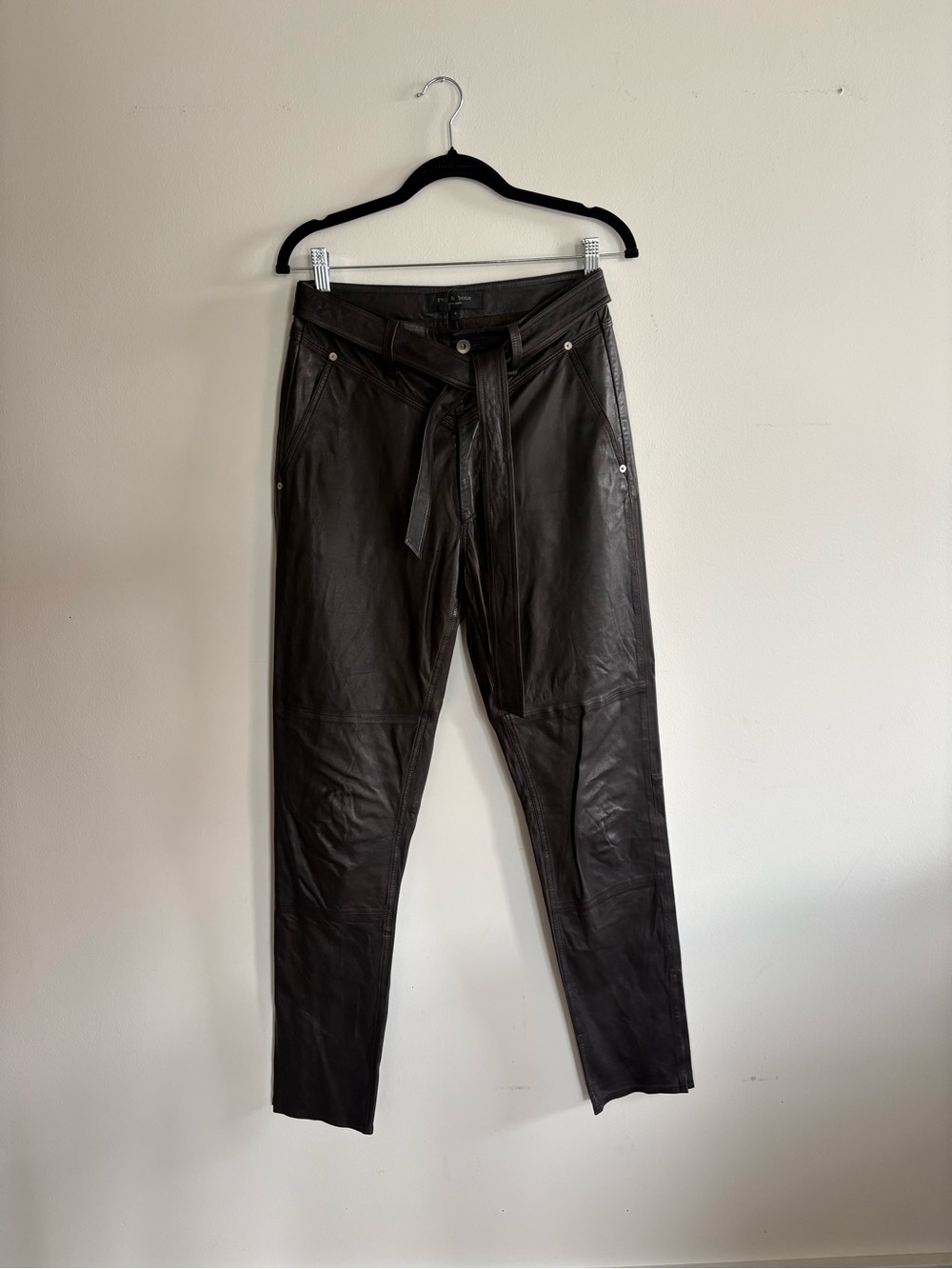 Rag & Bone Leather Belted High-Waist Pants - brown
